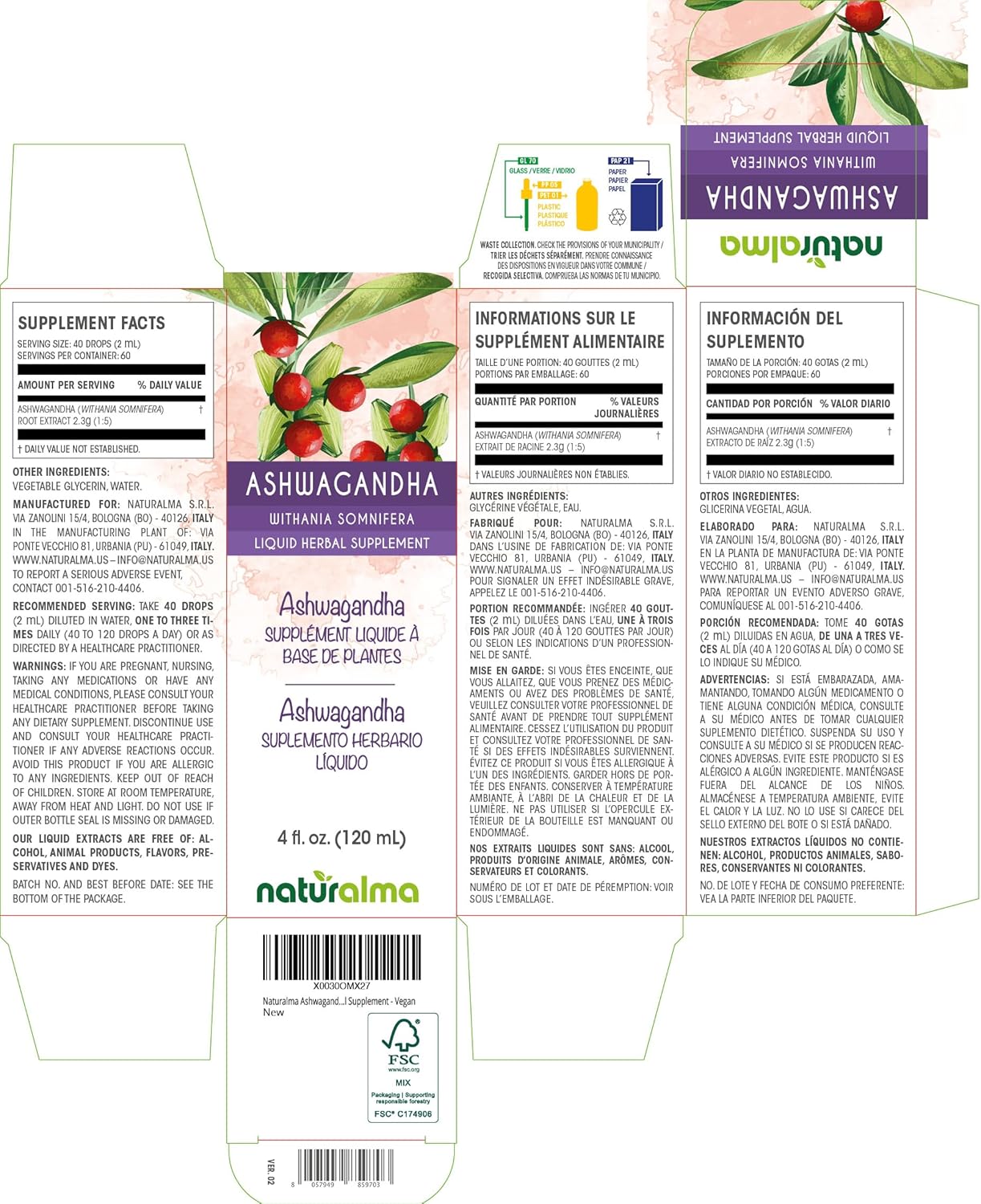 Organic Ashwagandha Root Alcohol-Free Tincture - 4 fl oz Liquid Extract Drops - Herbal Supplement for Vegans