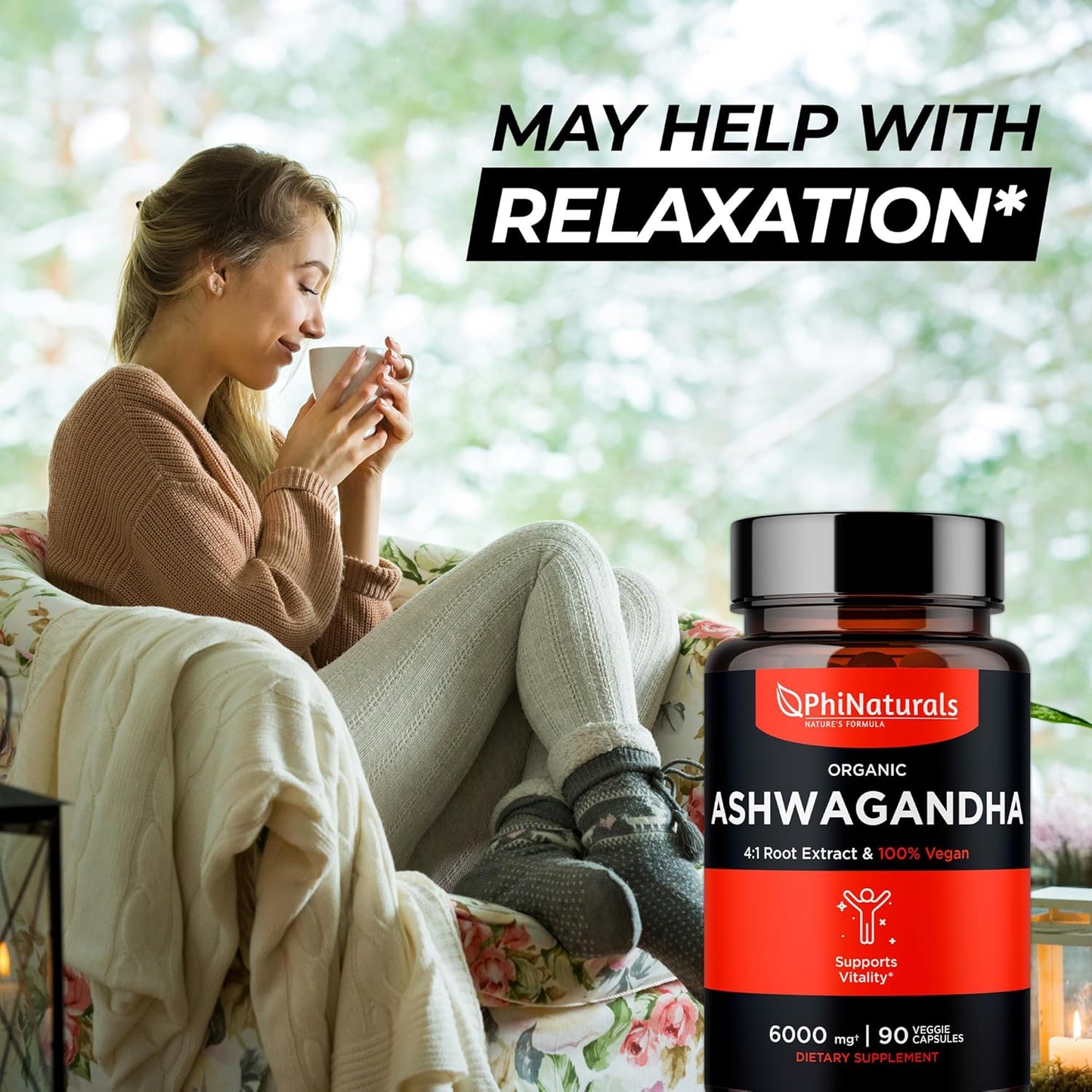Organic Ashwagandha Root Extract Capsules - 6000mg Equivalent - Men and Women Supplement - 1500mg per Serving - 30 Servings - 90 Vegan Capsules