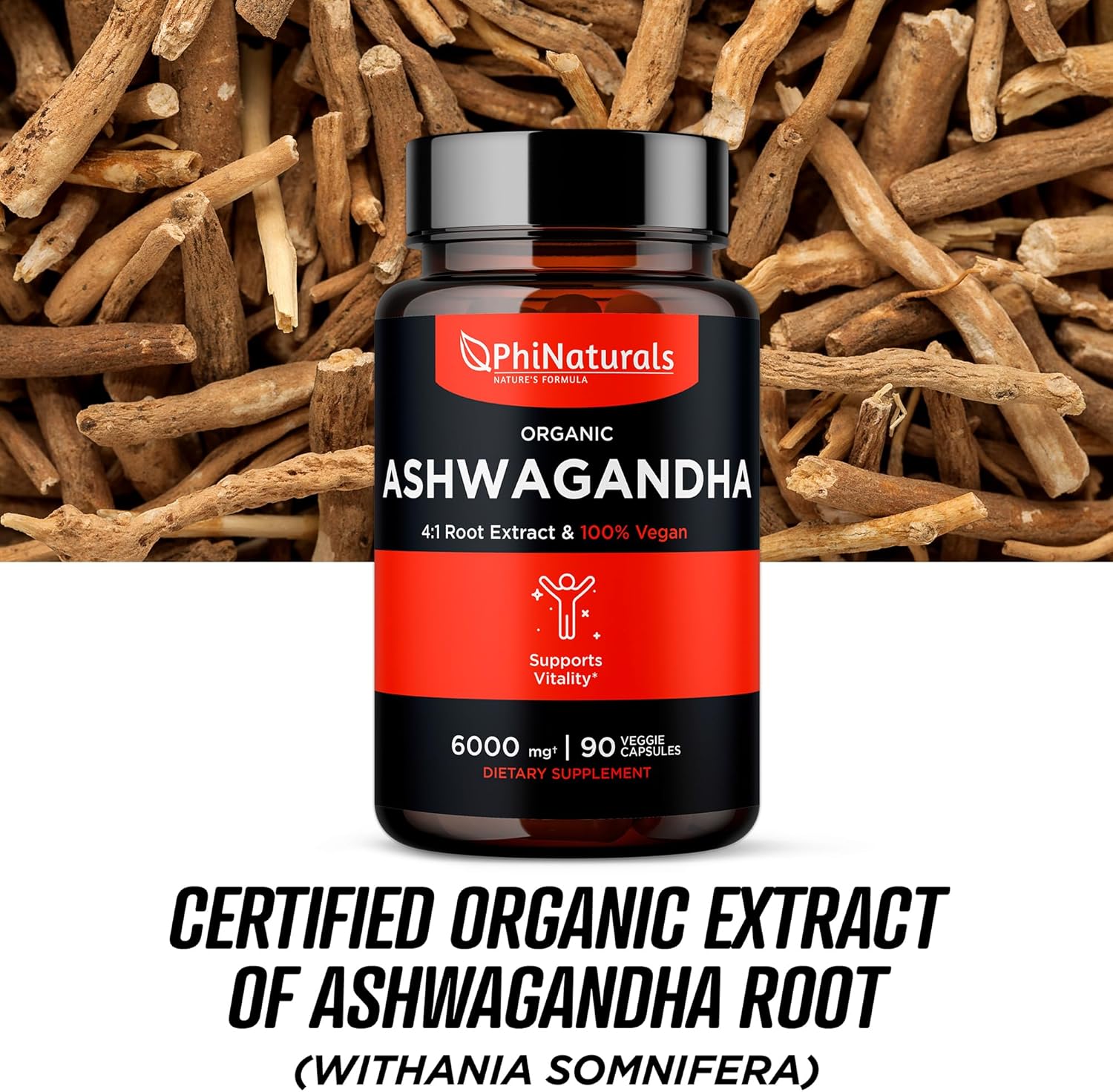 Organic Ashwagandha Root Extract Capsules - 6000mg Equivalent - Men and Women Supplement - 1500mg per Serving - 30 Servings - 90 Vegan Capsules