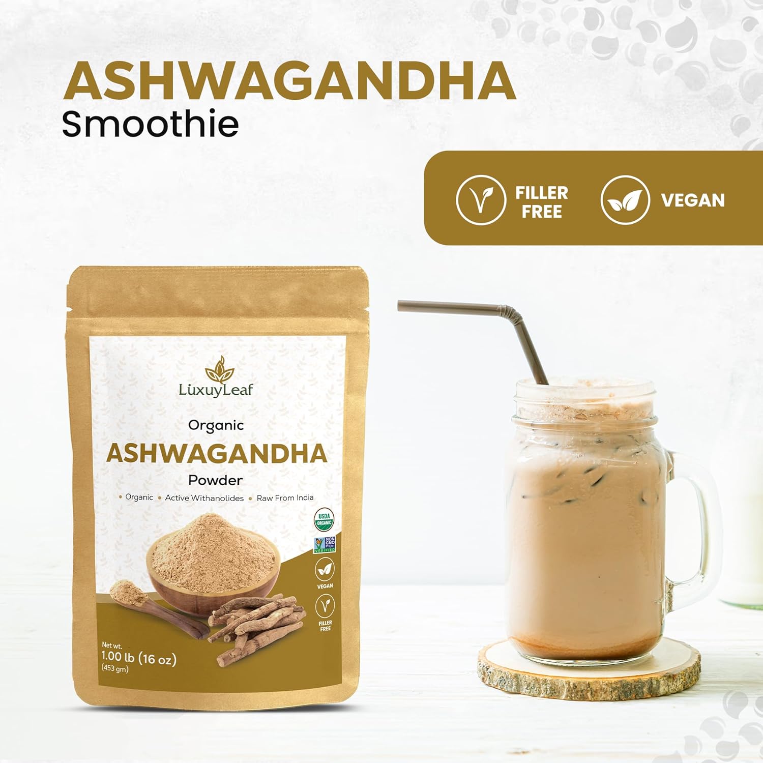 Organic Ashwagandha Root Powder - Non-GMO, Vegan-Friendly LuxuryLeaf Supplement