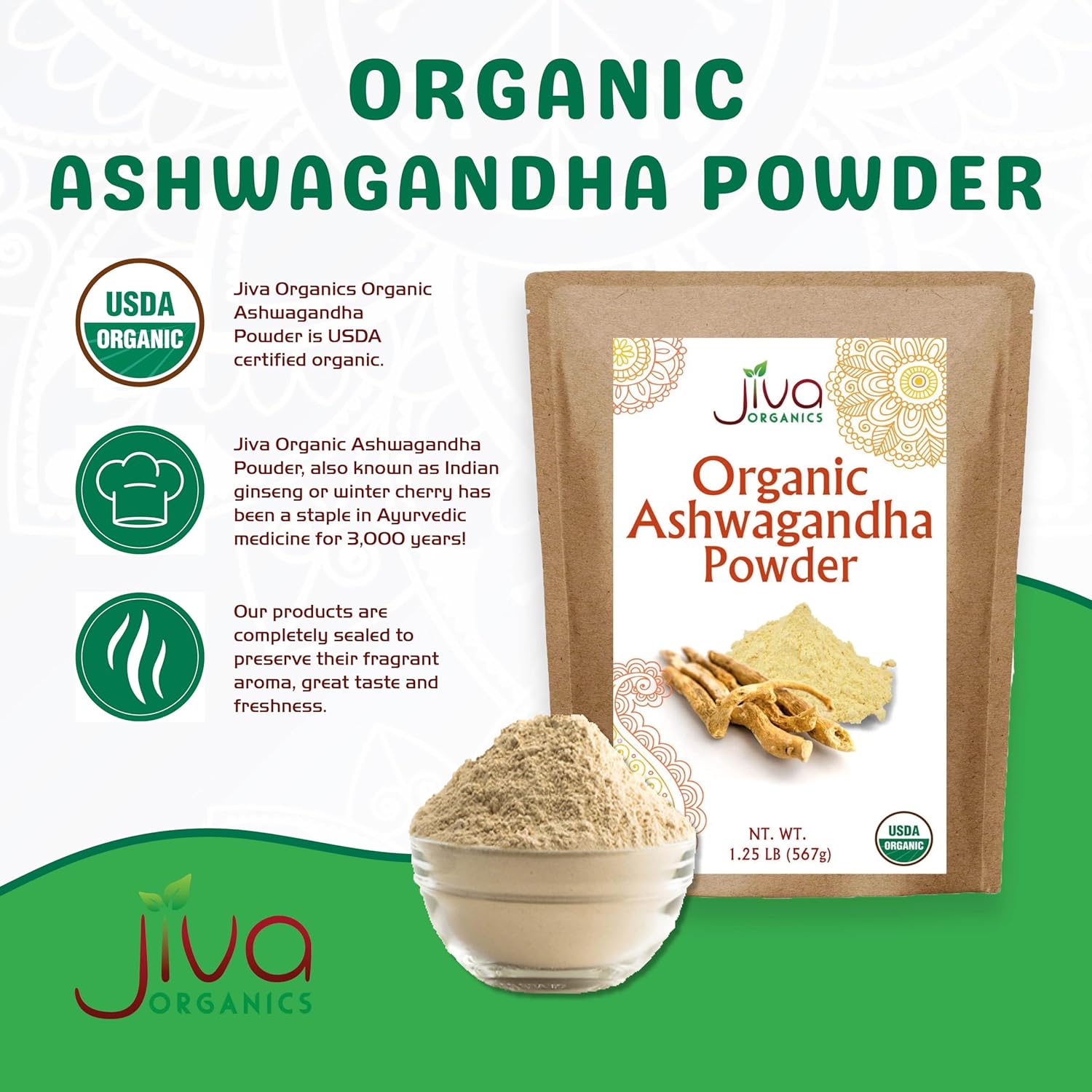 Organic Ashwagandha Root Powder 1.25lb (20oz) - Raw, Pure, Non-GMO, Lab Tested by Jiva Organics