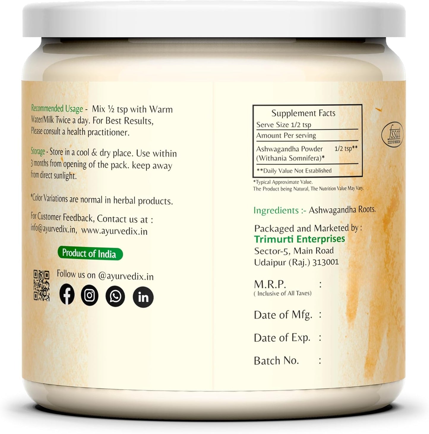 Organic Ashwagandha Root Powder in Reusable Jar - 5.29oz | Raw Indian Withania Somnifera Supplement Powder | Ayurvedic Herbal