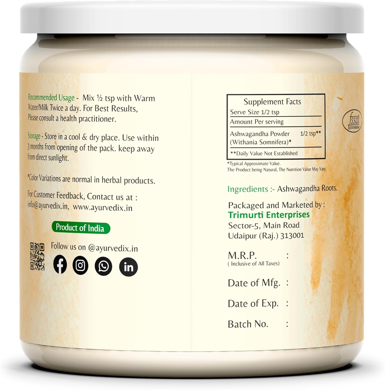Organic Ashwagandha Root Powder in Reusable Jar - 5.29oz | Raw Indian Withania Somnifera Supplement Powder | Ayurvedic Herbal
