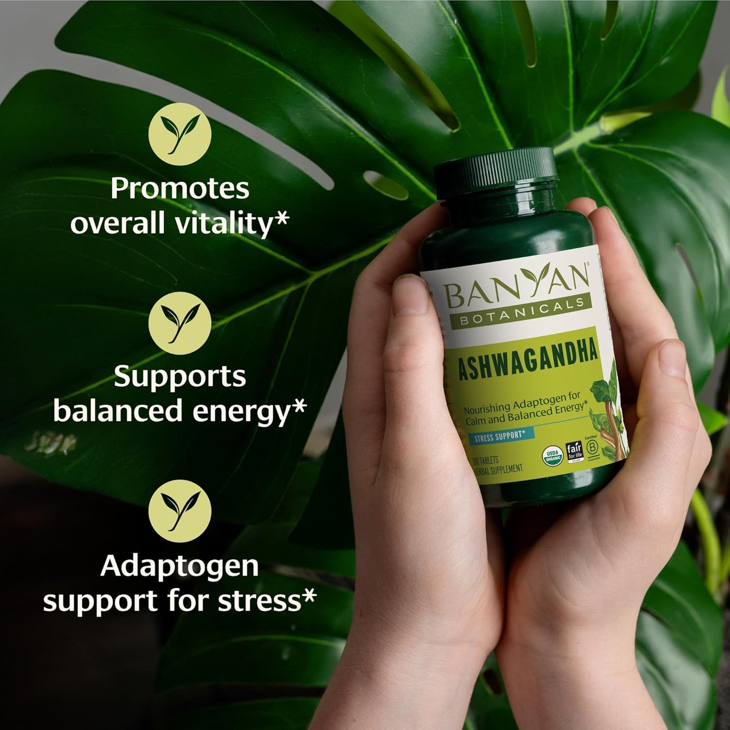 Organic Ashwagandha Root Tablets for Natural Energy and Stress Support - 180 Tablets Vegan Non-GMO Adaptogen - Banyan Botanicals