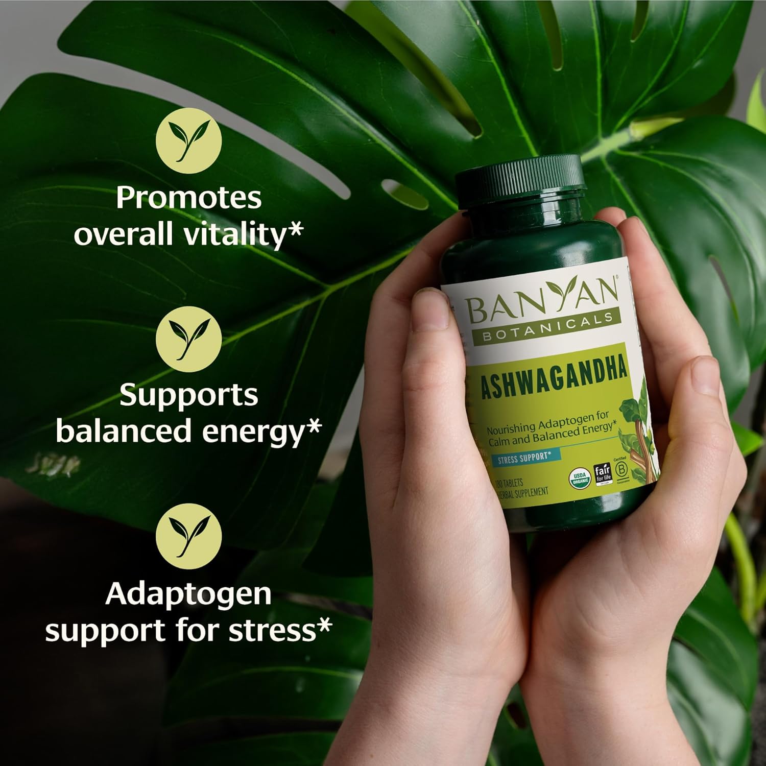 Organic Ashwagandha Root Tablets for Natural Energy and Stress Support - 180 Tablets Vegan Non-GMO Adaptogen - Banyan Botanicals