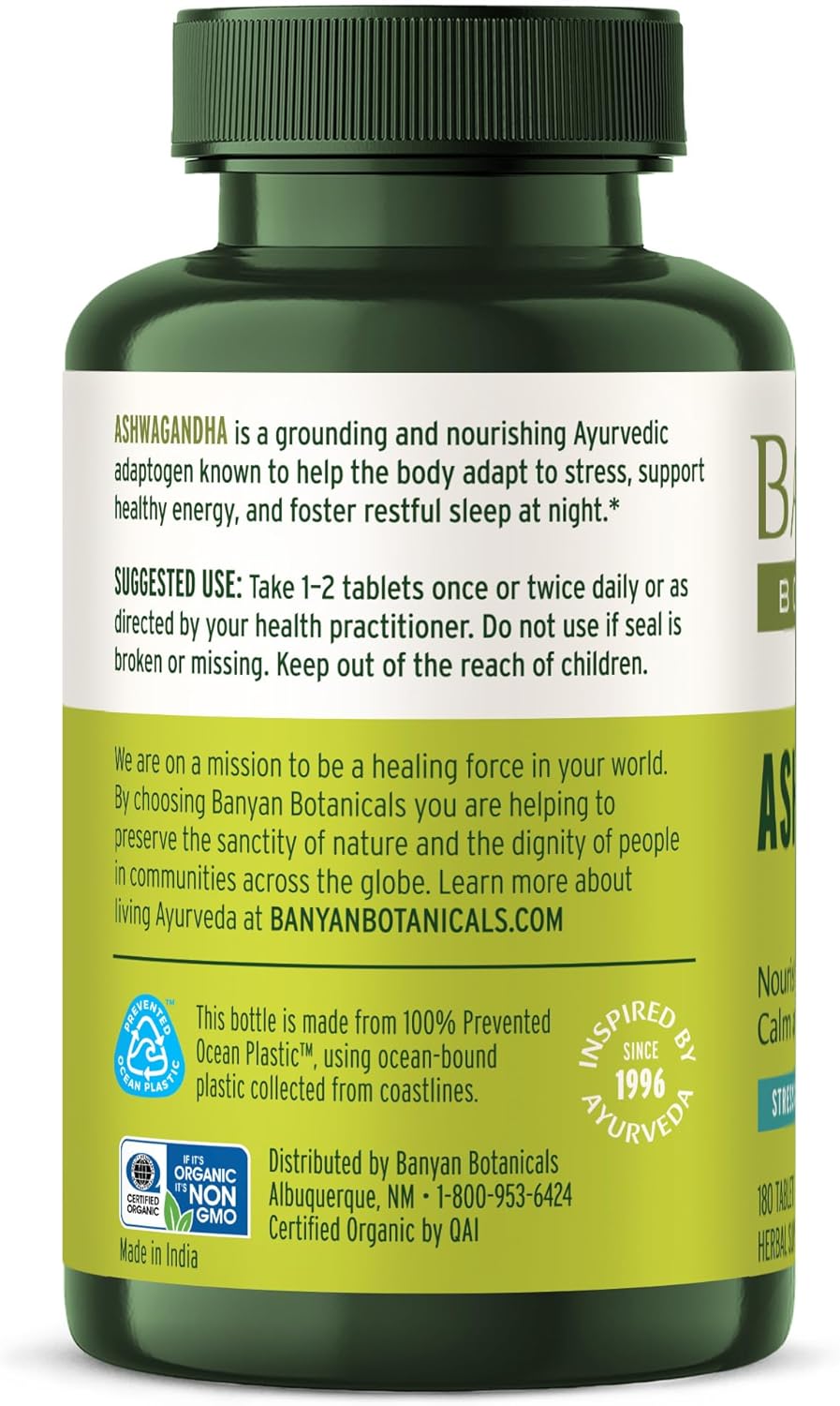 Organic Ashwagandha Root Tablets for Natural Energy and Stress Support - 180 Tablets Vegan Non-GMO Adaptogen - Banyan Botanicals