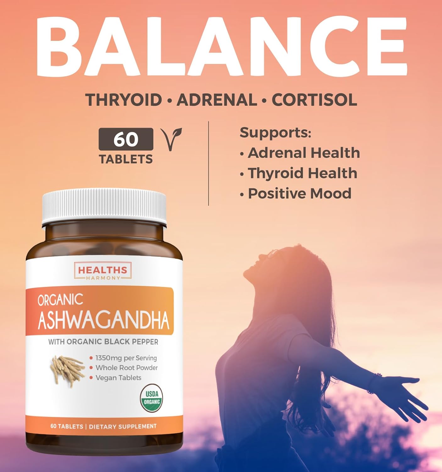 Organic Ashwagandha Supplement for Thyroid Support - Daily Energy Boost for Men & Women - 1-Month Supply