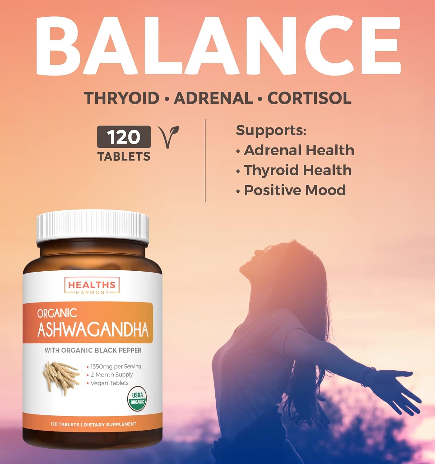 Organic Ashwagandha & Thyroid Balance Pack - Adrenal & Cortisol Support for Energy (2-Month Supply)