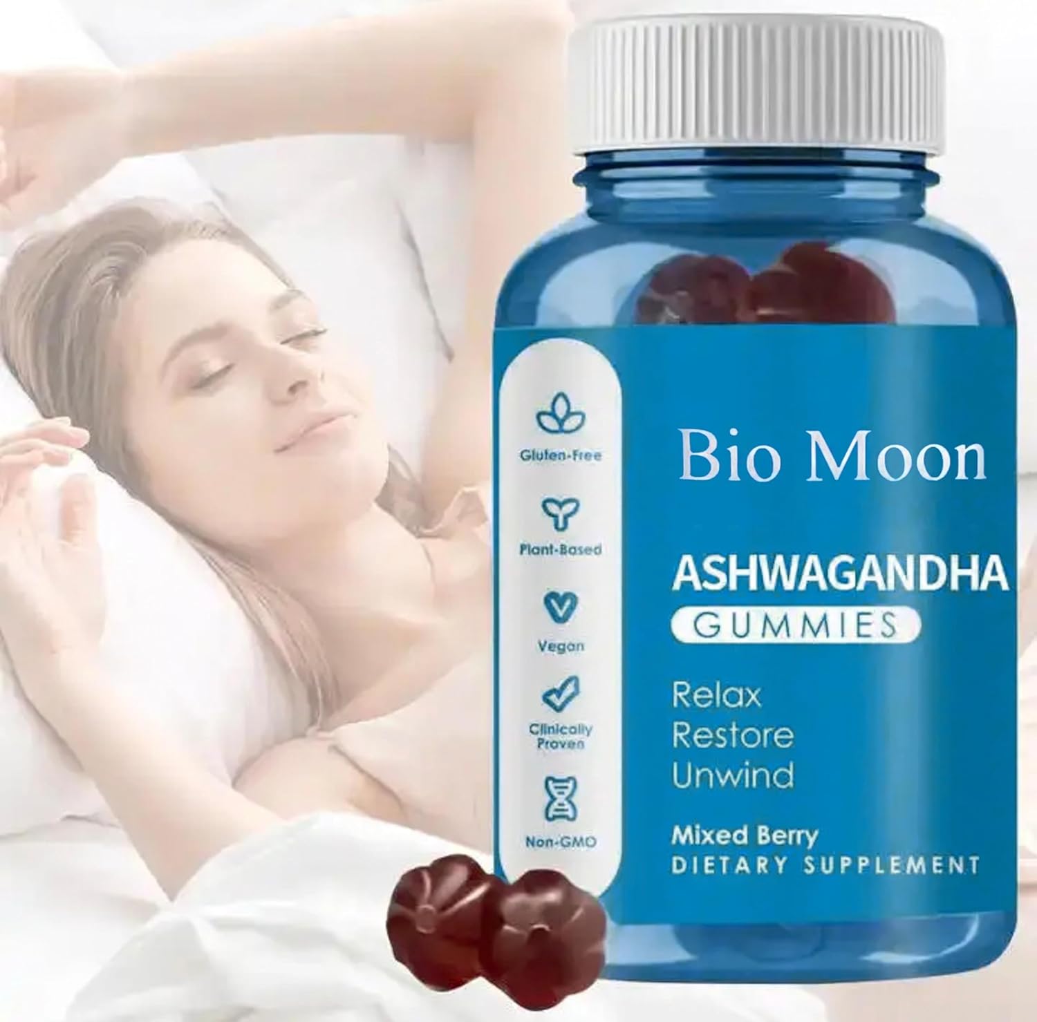 Organic Ashwagandha & Vitamin D3 Gummies for Sleep, Stress Relief & Mood - 60 Count - Non-GMO & Gluten Free