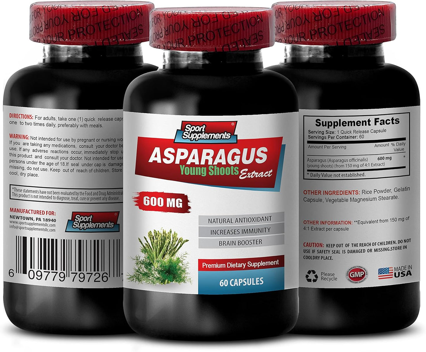 Organic Asparagus Young Shoots Extract Capsules - 600mg Antioxidant Formula - Water Pills - 2 Bottles, 120 Capsules