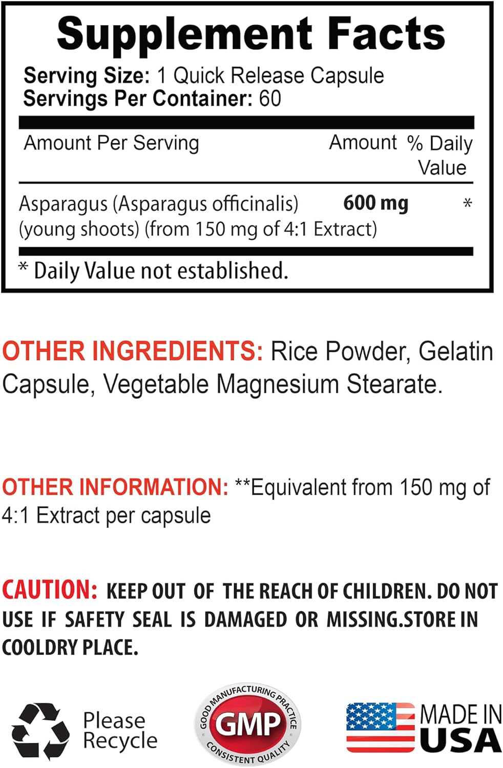 Organic Asparagus Young Shoots Extract Capsules - 600mg Antioxidant Formula - Water Pills - 2 Bottles, 120 Capsules