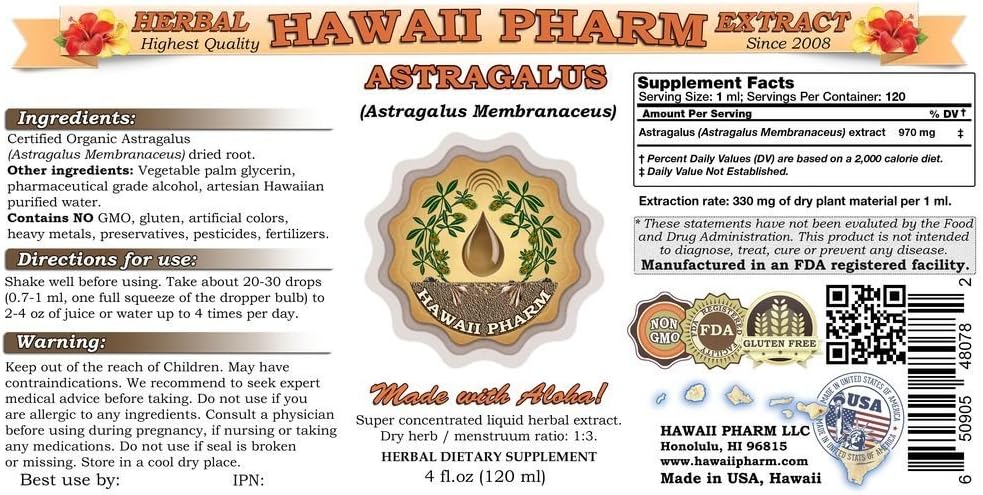 Organic Astragalus Liquid Extract Tincture Supplement 4 oz by HawaiiPharm