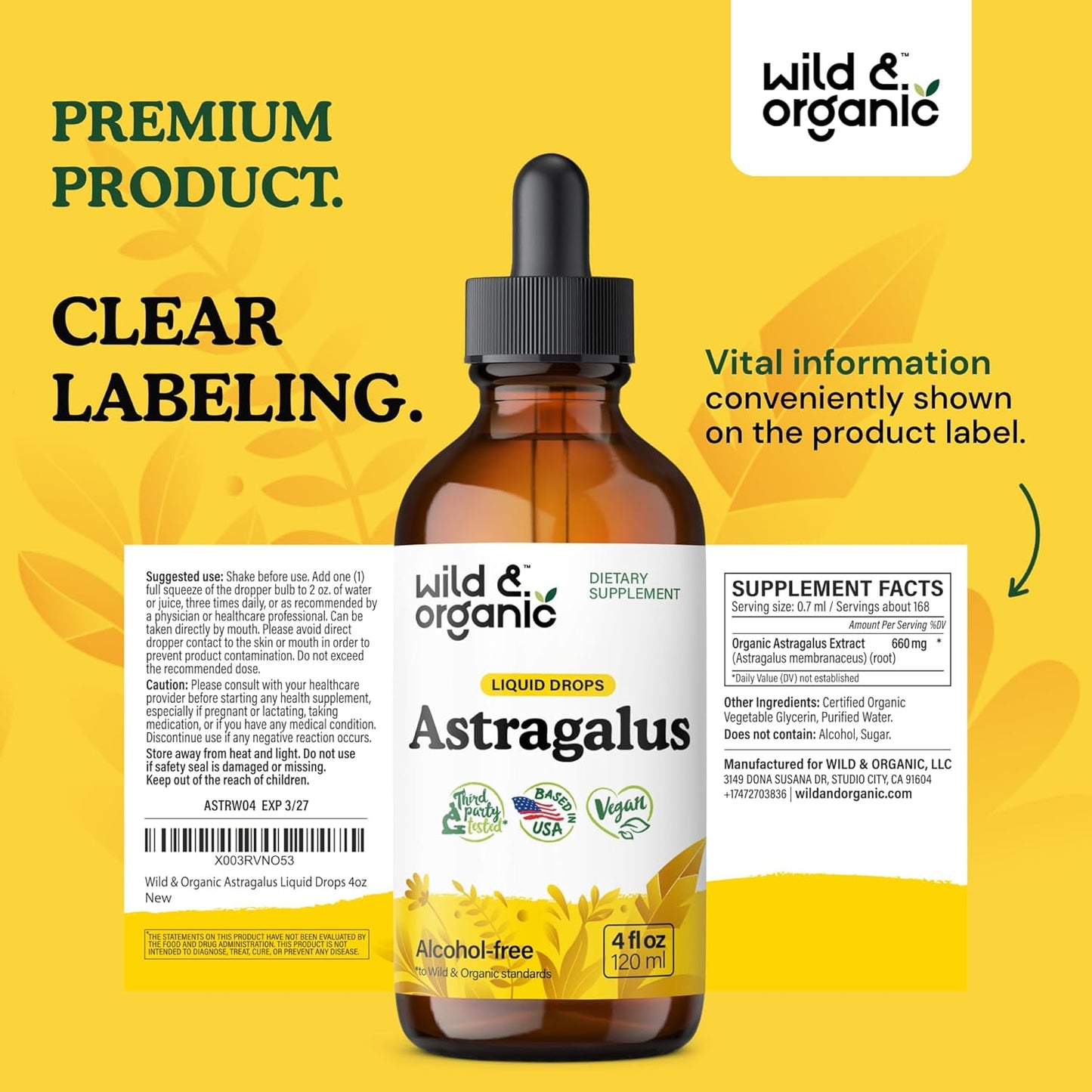 Organic Astragalus Root Extract Tincture - Immune Support Supplement for Vegan Immunity - Alcohol and Sugar-Free 4 fl oz Drops