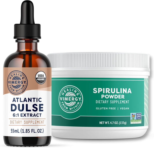 Organic Atlantic Dulse and Spirulina Juice Powder Bundle - 55 Servings of Dulse, 45 Servings of Spirulina - Vimergy