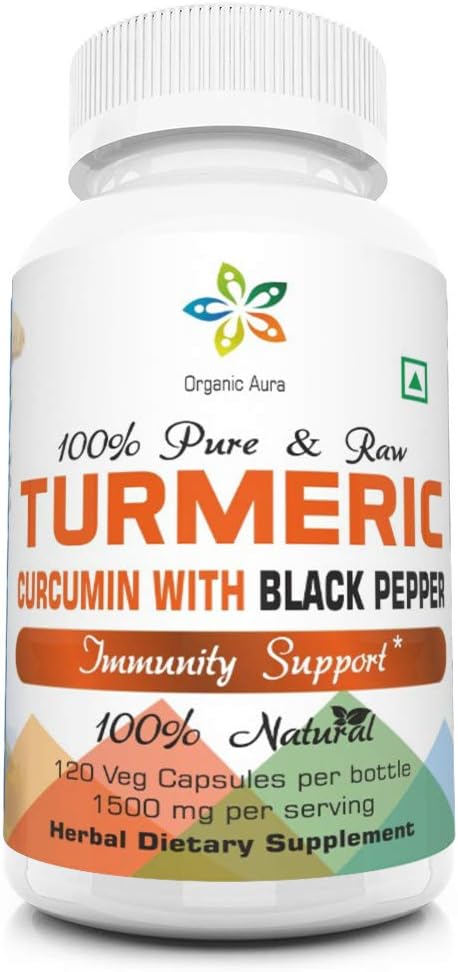 Organic Aura International Turmeric Curcumin Supplement for Wellness, Immunity, Skin, Cleanse, Detox, Bones, and Joints.