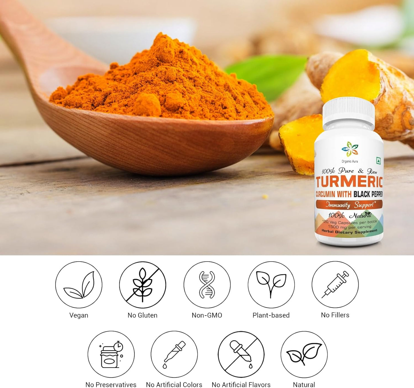 Organic Aura International Turmeric Curcumin Supplement for Wellness, Immunity, Skin, Cleanse, Detox, Bones, and Joints.