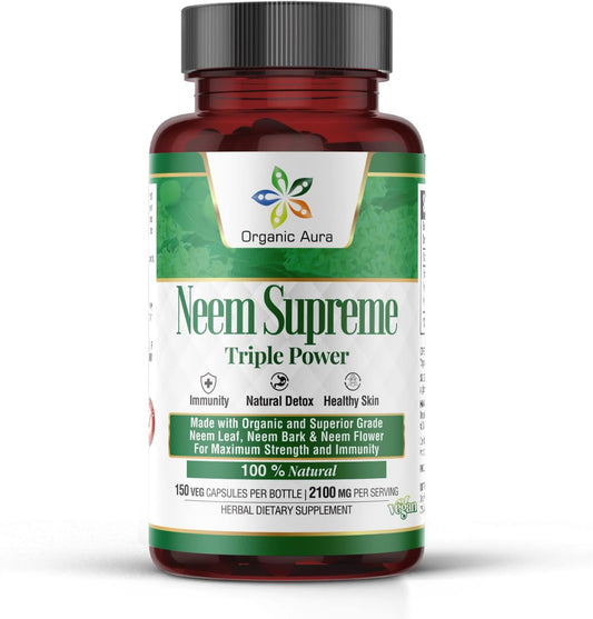 Organic Aura Neem Supreme Capsules - 150 Veg Capsules, Triple Complex High-Potency Azadirachta Indica Capsule for Skin Health & Immunity.