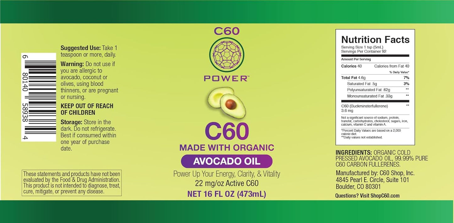 Organic Avocado Oil with C60 Power - 16 oz Bottle, 99.99% Pure Carbon Fullerenes, Boosts Mitochondrial Function and Reduces Oxidative Stress