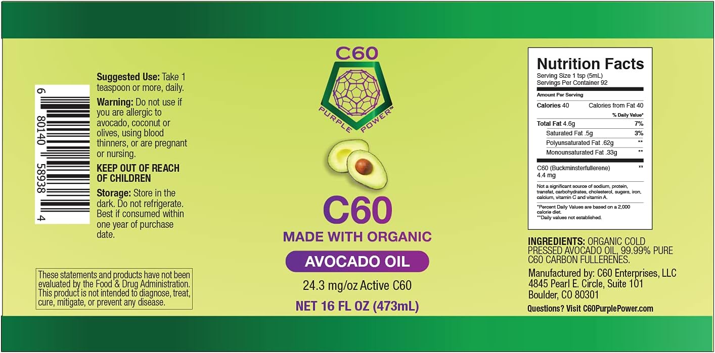 Organic Avocado Oil with C60 Power - 16 oz Bottle, 99.99% Pure Carbon Fullerenes, Boosts Mitochondrial Function and Reduces Oxidative Stress