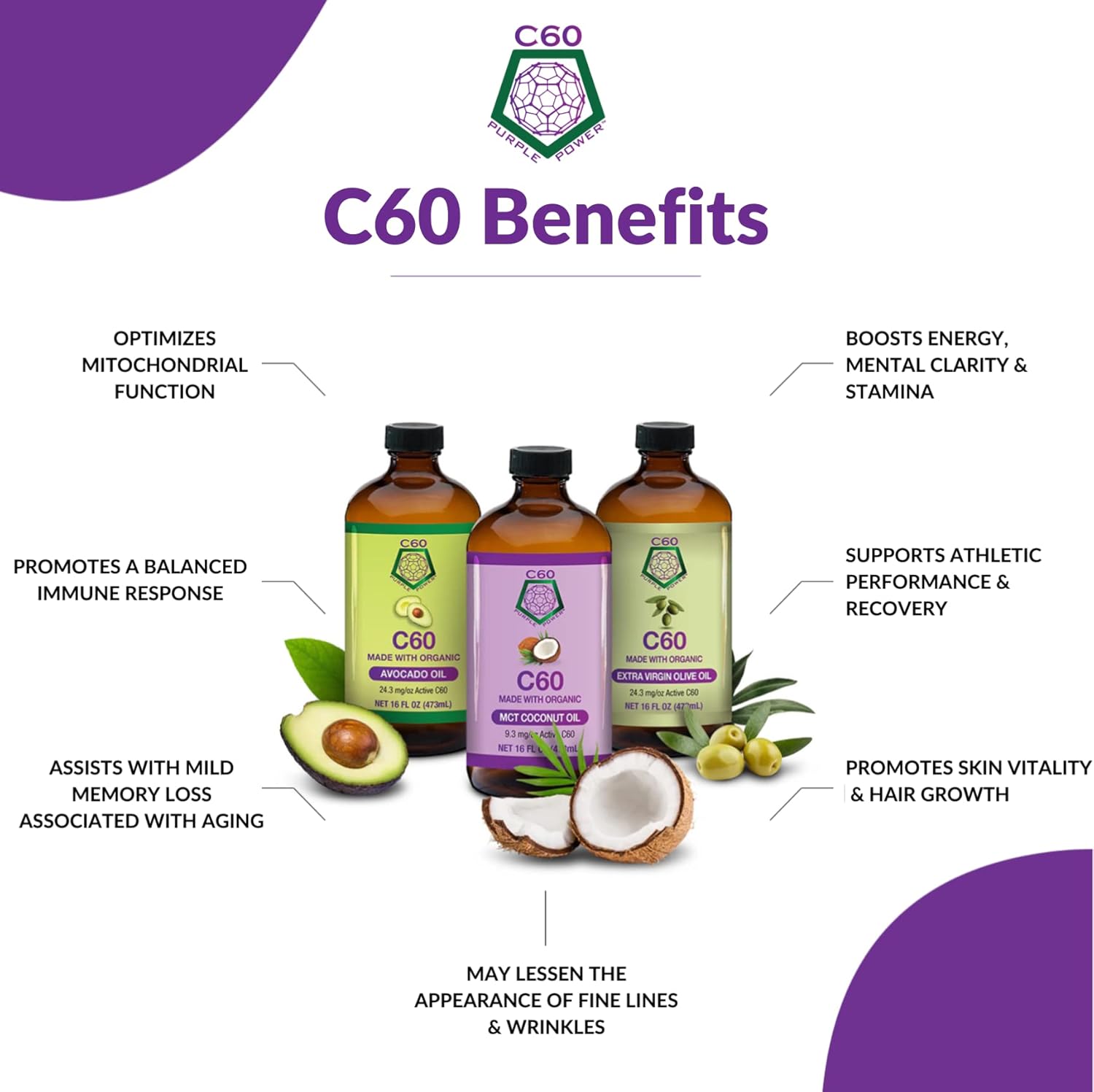 Organic Avocado Oil with C60 Purple Power - 2 Fl Oz of 99.99% Pure Carbon Fullerenes for Optimal Mitochondrial Function