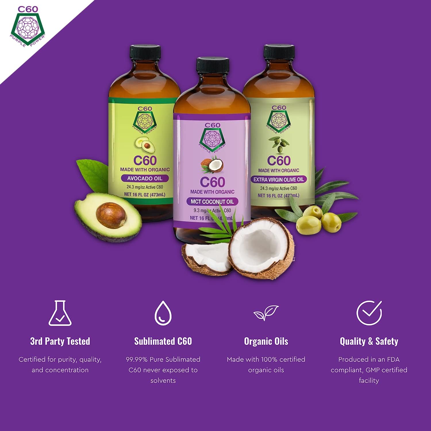 Organic Avocado Oil with C60 Purple Power - 2 Fl Oz of 99.99% Pure Carbon Fullerenes for Optimal Mitochondrial Function