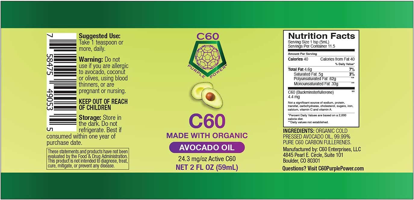 Organic Avocado Oil with C60 Purple Power - 2 Fl Oz of 99.99% Pure Carbon Fullerenes for Optimal Mitochondrial Function
