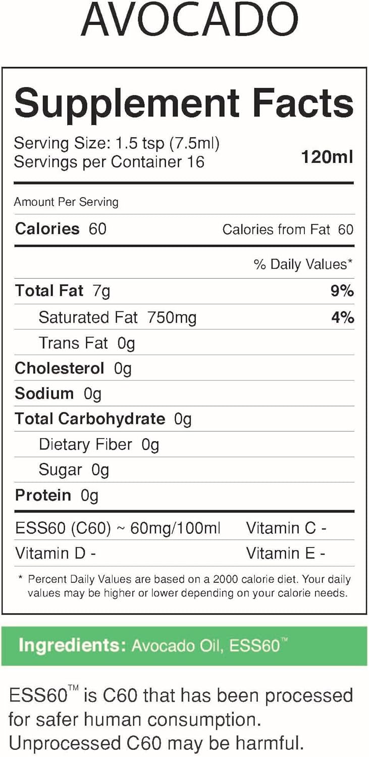 Organic Avocado Oil with ESS60 Antioxidant - Anti-Aging & Longevity Supplement for Energy and Performance - 120ML