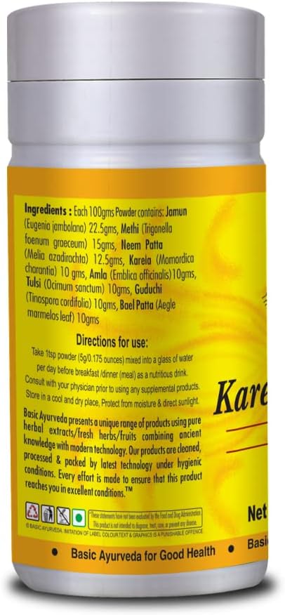 Organic Ayurvedic Karela and Jamun Herbal Mix Powder - 3.53 Oz (100g) - Indian BlackBerry + Bitter Melon - Promotes Healthy Skin, Hair, and Eye Health