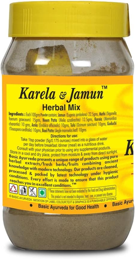Organic Ayurvedic Karela & Jamun Herbal Mix Powder for Healthy Skin, Hair, and Eyes - 7.05 Oz (200g)