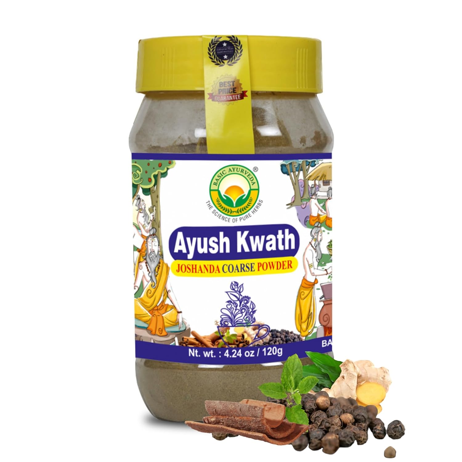 Organic Ayurvedic Kwath Kadha Powder with Cinnamon Ginger & Holy Basil for Herbal Tea & Hot Drinks - 4.23 Oz (120g)