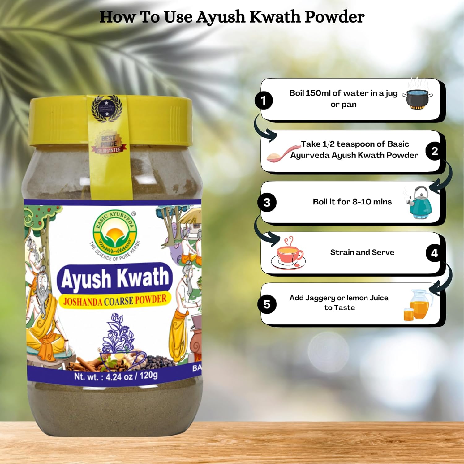 Organic Ayurvedic Kwath Kadha Powder with Cinnamon Ginger & Holy Basil for Herbal Tea & Hot Drinks - 4.23 Oz (120g)