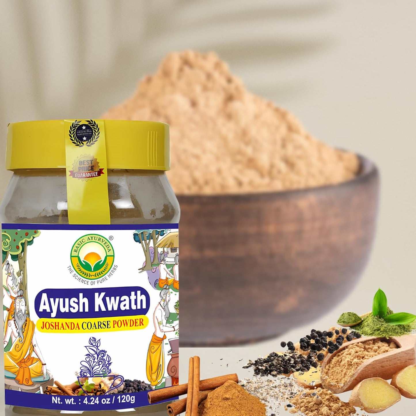 Organic Ayurvedic Kwath Kadha Powder with Cinnamon Ginger & Holy Basil for Herbal Tea & Hot Drinks - 4.23 Oz (120g)
