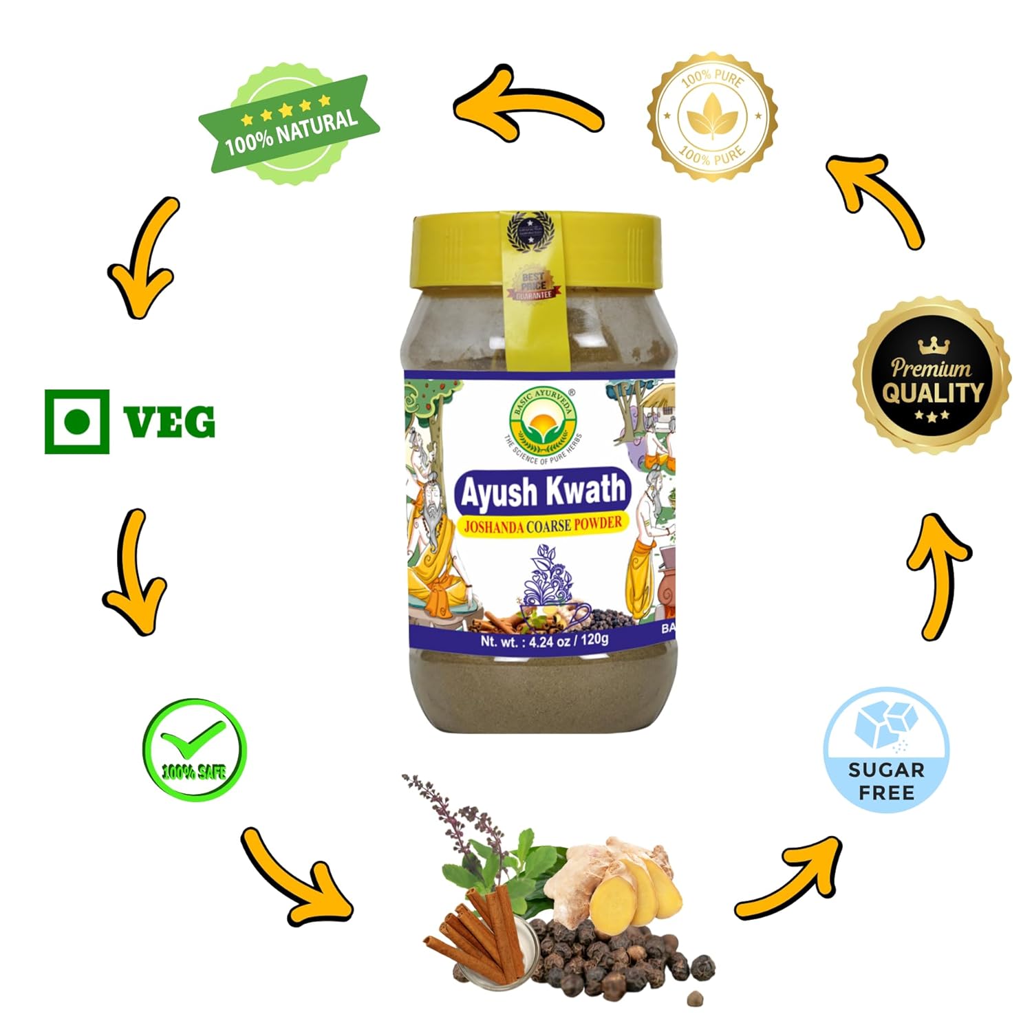 Organic Ayurvedic Kwath Kadha Powder with Cinnamon Ginger & Holy Basil for Herbal Tea & Hot Drinks - 4.23 Oz (120g)