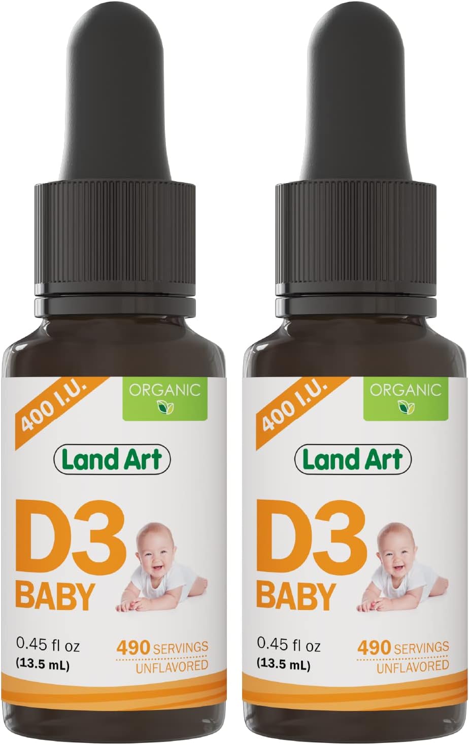 Organic Baby Vitamin D3 Drops - 400 IU per Drop - 490 Servings - Bone and Teeth Health - Non-GMO - Gluten Free - 0.45 fl oz (Pack of 2)