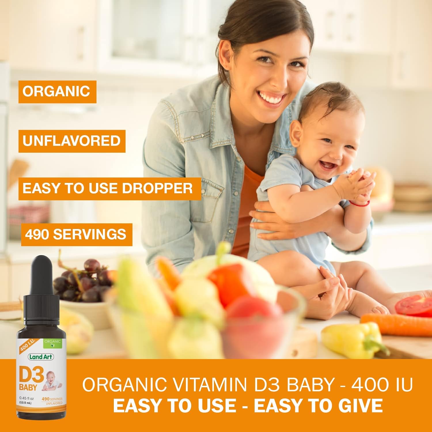 Organic Baby Vitamin D3 Drops - 400 IU per Drop - 490 Servings - Bone and Teeth Health - Non-GMO - Gluten Free - 0.45 fl oz (Pack of 2)