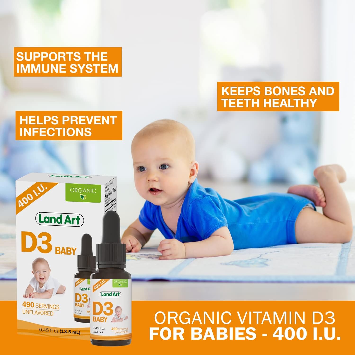 Organic Baby Vitamin D3 Drops - 400 IU per Drop - 490 Servings - Bone and Teeth Health - Non-GMO - Gluten Free - 0.45 fl oz (Pack of 2)