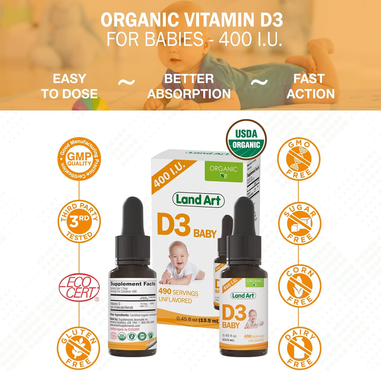 Organic Baby Vitamin D3 Drops - 400 IU per Drop - 490 Servings - Bone and Teeth Health - Non-GMO - Gluten Free - 0.45 fl oz (Pack of 2)