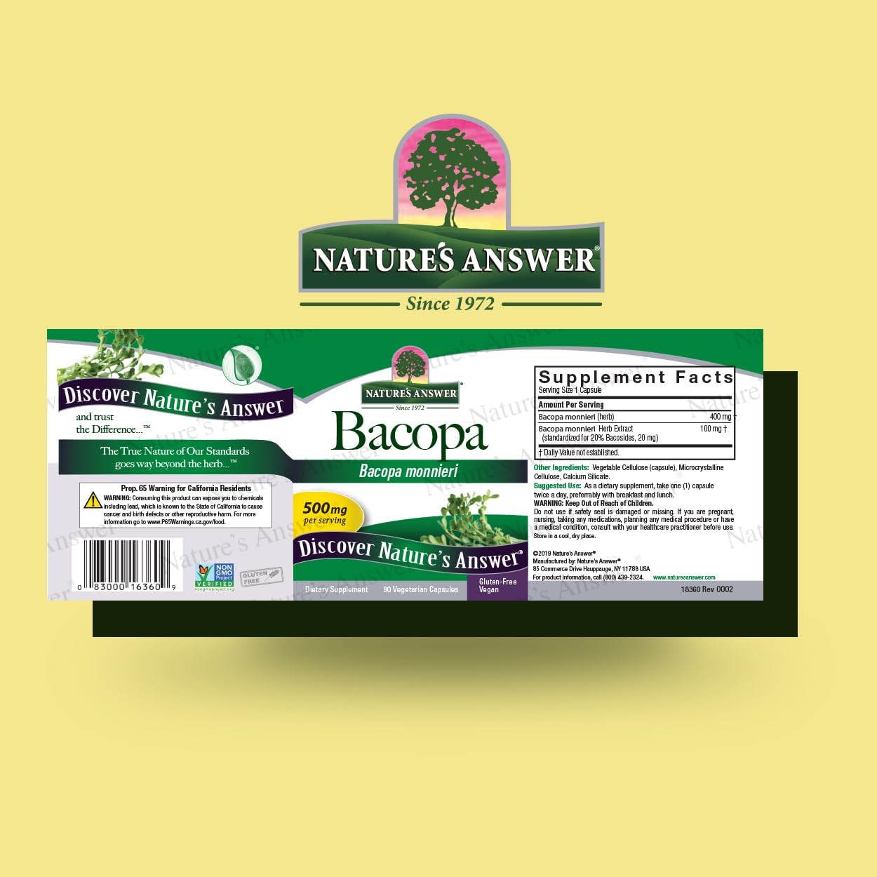Organic Bacopa 500mg Capsules for Cognitive Function Support - 90ct Vegan Gluten-Free Non-GMO Formula with No Preservatives or Artificial Flavors