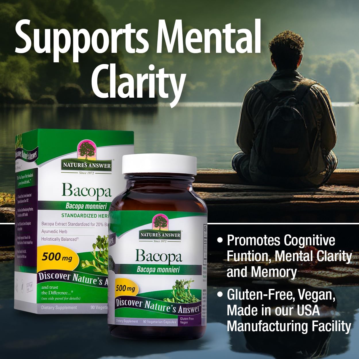 Organic Bacopa 500mg Capsules for Cognitive Function Support - 90ct Vegan Gluten-Free Non-GMO Formula with No Preservatives or Artificial Flavors