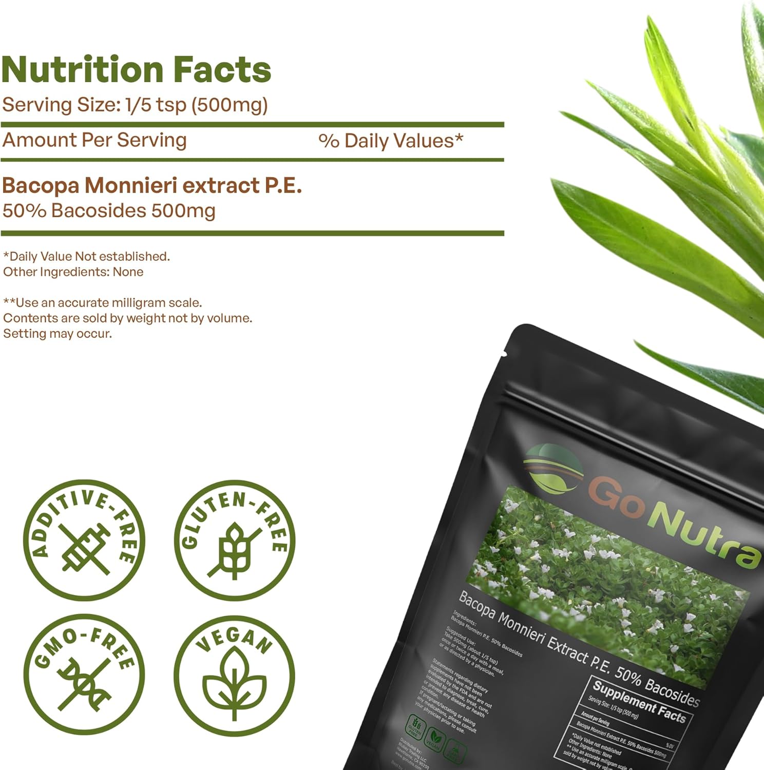 Organic Bacopa Monnieri Extract Powder - 50% Bacosides - Herbal Brahmi Supplement - 8 oz.