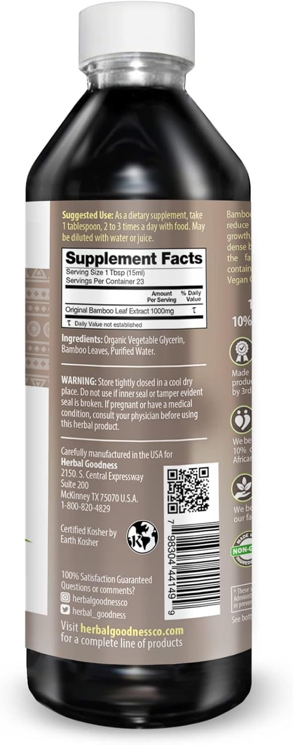 Organic Bamboo Leaf Extract Liquid 12oz - Natural Silica for Stronger Nails - Skin and Hair Health - Non-GMO Herbal Goodness