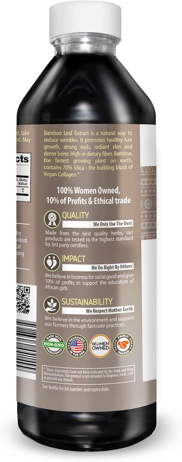 Organic Bamboo Leaf Extract Liquid 12oz - Natural Silica for Stronger Nails - Skin and Hair Health - Non-GMO Herbal Goodness