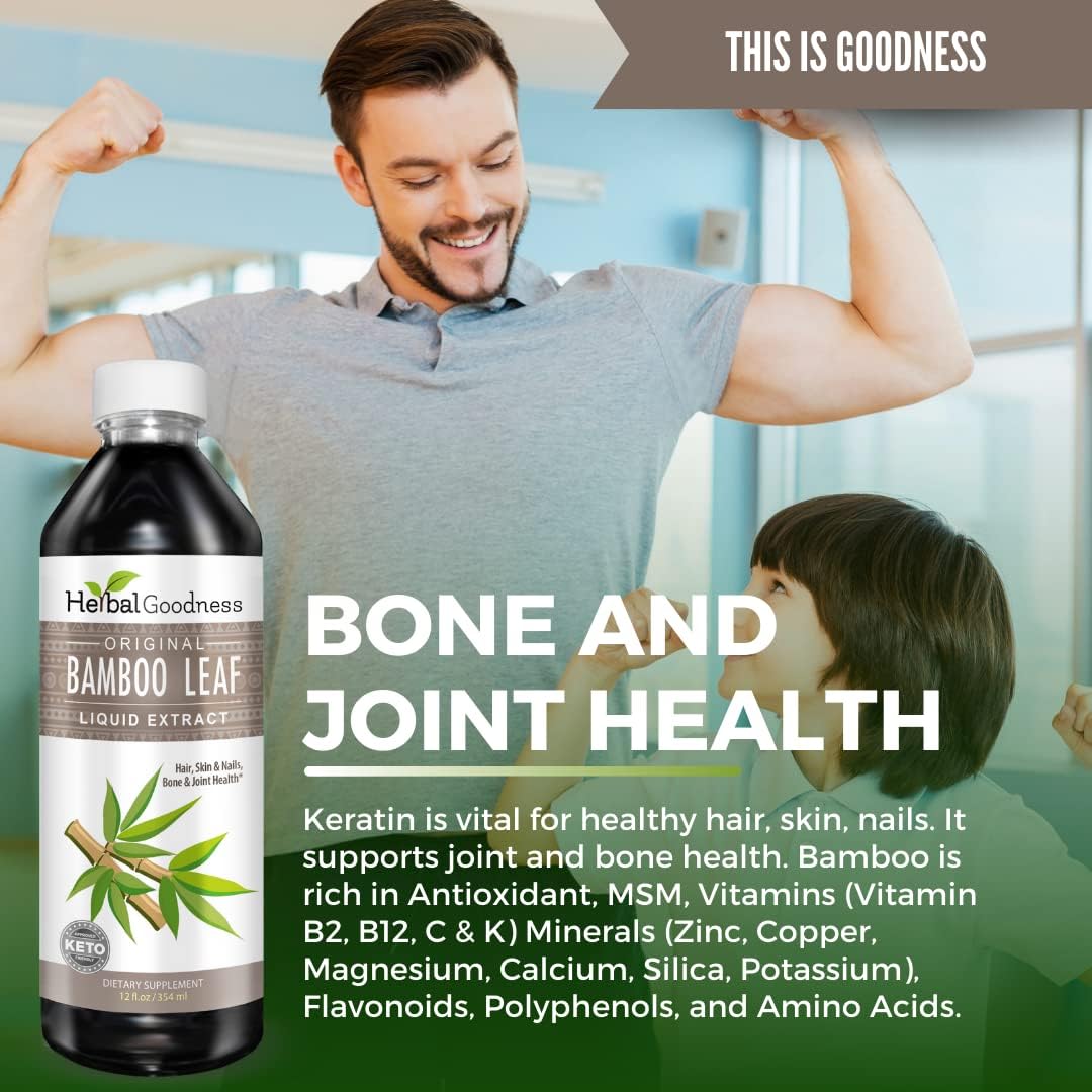 Organic Bamboo Leaf Extract Liquid 12oz - Natural Silica for Stronger Nails - Skin and Hair Health - Non-GMO Herbal Goodness