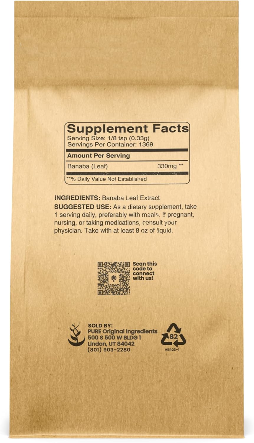 Organic Banaba Leaf Powder (1 lb) - Pure Ingredients, No Additives, Non-GMO