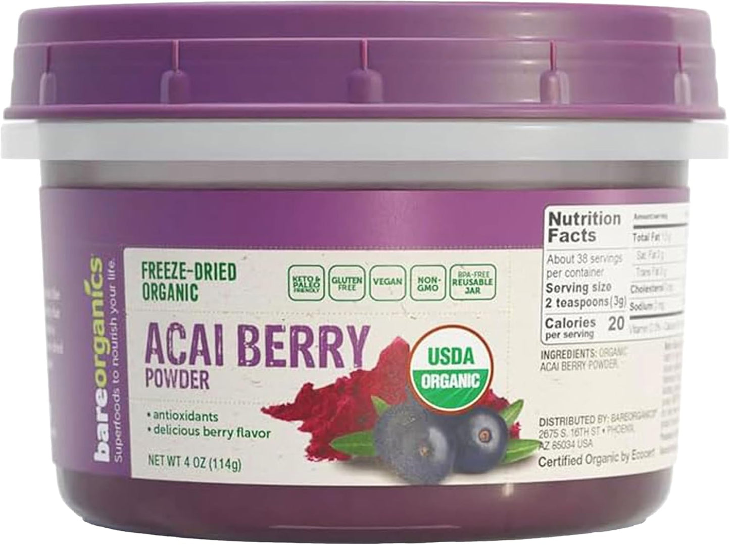 Organic BareOrganics Acai Berry Powder - Superfood Dietary Supplement, 4 Ounces