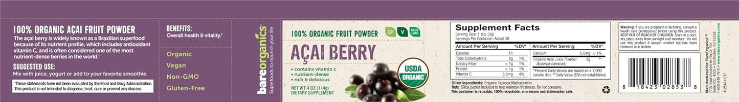 Organic BareOrganics Acai Berry Powder - Superfood Dietary Supplement, 4 Ounces