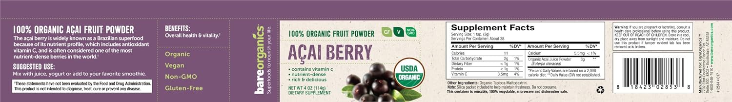 Organic BareOrganics Acai Berry Powder - Superfood Dietary Supplement, 4 Ounces