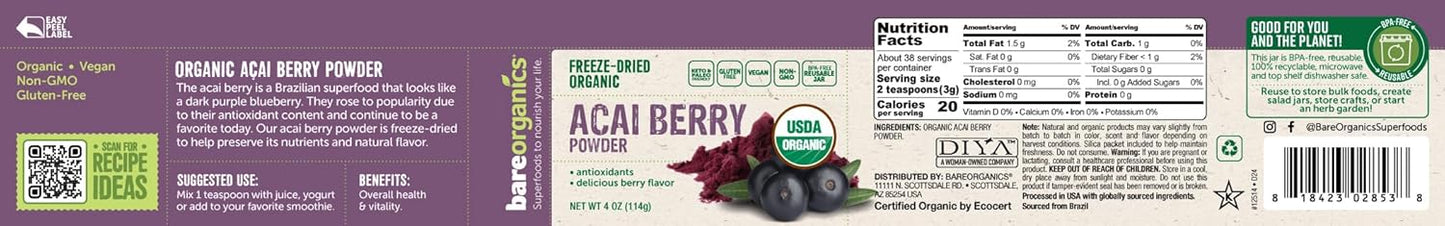Organic BareOrganics Acai Berry Powder - Superfood Dietary Supplement, 4 Ounces