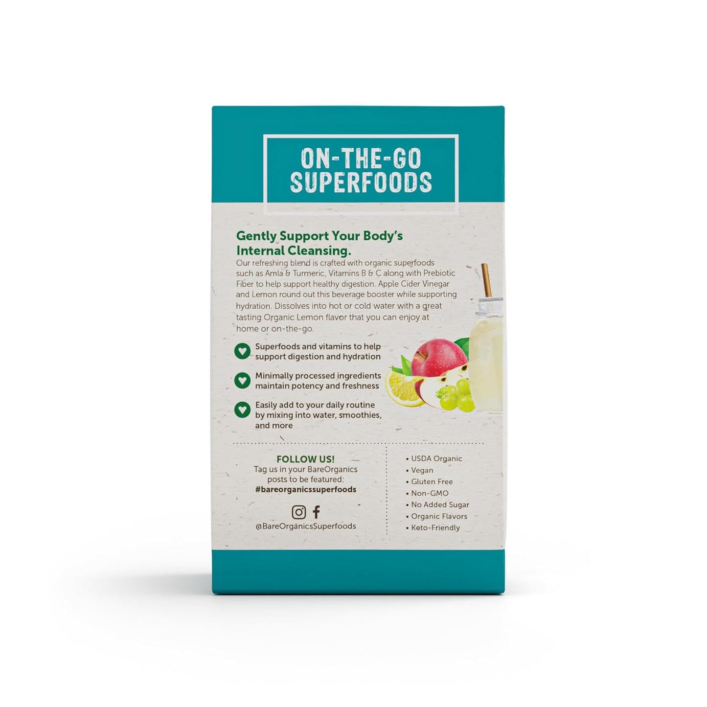 Organic BareOrganics On-The-Go Digestion Superfood Water Enhancer Stick Packs, 12 Count