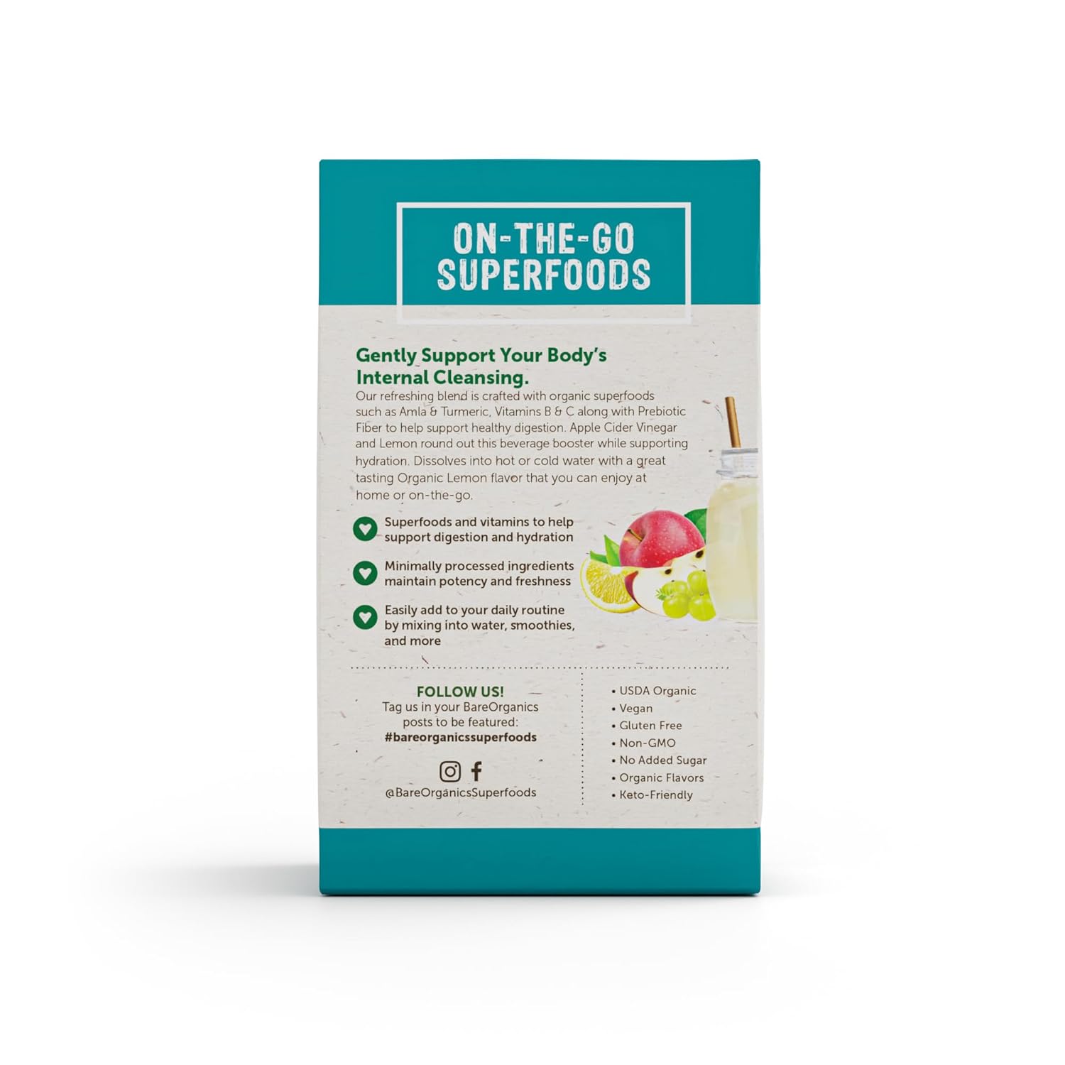 Organic BareOrganics On-The-Go Digestion Superfood Water Enhancer Stick Packs, 12 Count